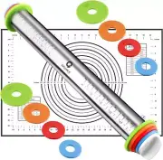 Rolling Pin and Pastry Baking Mat Set, Pins with Adjustable Thickness Rings, for