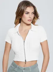 GUESS Women's White Two Way Zip Kora Knit Top Size: Small, Cotton