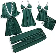 [Generic] Women's Nightwear Satin 5 Pc Set Womens Silk Pyjamas Set with Robe Green Sexy Lace Satin Silk Nightdress Satin Nightgown Plus Size Satin Nightwear Plus Size Lace Nightdress Loungewear Sets