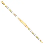 14K Tri Tone Gold 6 Inch Figaro Chain Child Kid Cross Religious ID Bracelet