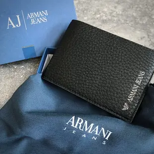 美國百分百【全新真品】Armani Jeans 真皮皮夾 logo AJ 男用短夾 錢包 證件卡夾 荔枝皮黑色 AF03