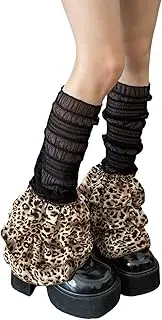[BOLLEY JOSS] Women's Lace Leg Warmers Y2K Cute Ruffle Trim Leg Sleeve Leopard Print Boot Socks Harajuku Lolita Mesh Socks, Black