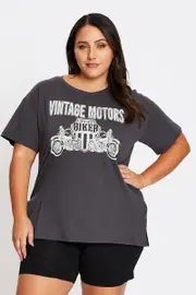 Grey Short Sleeve Vintage Bike Side Split T-shirt