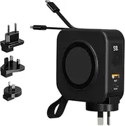 Universal 6 in 1 Portable Wireless Charger | Free Travel Case | Fast Charging Travel Power Bank | MagSafe Compatible Portable Charger | Includes International Snap On Adapters (Midnight Black)