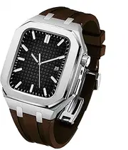 [VEVEL] Latest Stainless Steel for IWatch Series 45mm 44mm Modification Metal Bezel Fluorine rubber Strap For Apple Watch 7 6 5 4 45mm