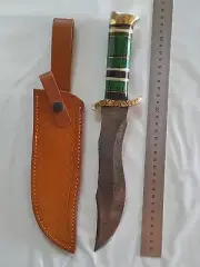 Damascus Handmade Hunting Fixed Knife Leather Sheath Green Wood Brass Handle