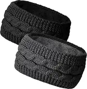 H HOME-MART 2 Packs Women Winter Knitted Headbands Ear Warmer Headband with Soft Fleece Lined Thicken Crochet Braided Hairband Knit Cable Headbands Elastic Twist Turban Headwrap for Women Girls (Black+Grey)