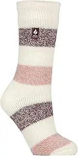 [HEAT HOLDERS] | SockShop | Ladies Winter Warm Thermal Slipper Socks with Gripper | Holly Design | Slip Resistant Grip Sole | TOG 2.34 | Women's UK 4-8 / US 5-9 | Neve Cream/Coral Stripe