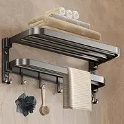 Towel Rack for Bathroom,23.6in Towel Holder for Bathroom Wall with Towel Bar and 7 Hooks,2 Tier Foldable Metal Home Towel Rod Storage Rack Organizer Matte Black