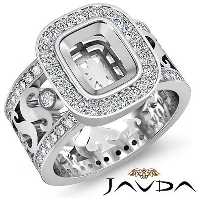 Cushion Halo Pave Diamond Engagement Shape Ring 14k W Gold Semi Mount 1.3Ctw