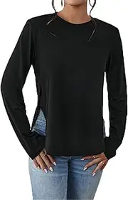 [Zylphorix] Women Casual Round Neck Split T-Shirt Loose Crew Neck Long Sleeved Blouses Solid Color Basic Scoop Neck Tops