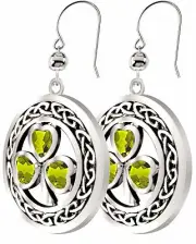 925 Sterling Silver Peridot August Birthstone Irish Shamrock Clover Earrings