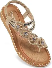 HARENCE Flat Sandals for Women Dressy: Comfortable Summer Flats Shoes Elastic Ankle Strap Bohemian Beaded Beach Sandal