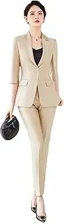 [Generic] Women Blazer Pants 2 Piece Set Spring Thin Office Stripe Slim Suit Coat Trousers Outfits