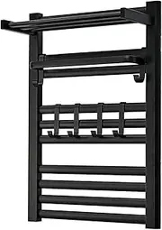 Intelligent Electric Towel Warmer with Top Shelf, Bathroom Aluminum Alloy Thermostatic Heated Towel Rack, Wall Mounted Plug-in Heated Drying Rack with Hook,E