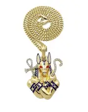 Iced Gold PT Egyptian Anubis Pendant & Box Cuban Rope Chain Hip Hop Necklace