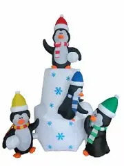 Christmas Lighted Air Blown Inflatable Penguins On Igloo Playing With Snow Ball