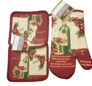 3pc Kitchen Set: 1 OVEN MITT & 2 POT HOLDERS, WINE BOTTLE, GLASS & GRAPES, CV