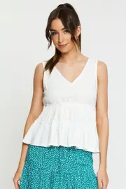 White Peplum Blouse Sleeveless V-Neck - Size 12, Women's Peplum