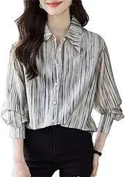 [Generic] Fashion Turn Down Collar Shirt for Women Striped Long Sleeve Chiffon Shirt Office Ladies Dress Shirts