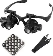 Head Mounted Magnifier with LED Light, Jewelers Loupe Magnifying Glasses with 8 Interchangeable Lens: 2.5X/4X/6X/8X/10X/15X/ 20X/25X for Close Work/Electronics/Eyelash/Crafts/Jewelry/Repair