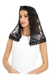 Chapel Veil Embroidered Lace Mantilla Veil Head Covering Veils for Church Black