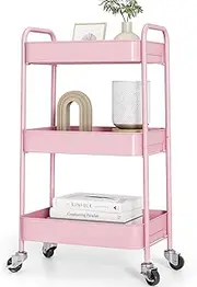 TOOLF 3-Tier Rolling Cart, Metal Utility Cart with Lockable Wheels, Storage Craft Art Cart Trolley Organizer Serving Cart Easy Assembly for Baby Room, Bathroom, Kids' Room, Beauty Salon (Pink)