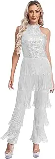 [Linjinx] Womens Glitter Sequins Tassel Jumpsuit Halter Bodysuit Latin Jazz Dance Romper Costume