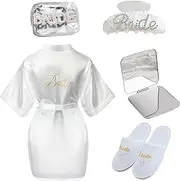 [Raheem] 5 Pcs Bride Gifts Bridal Shower Gifts Brides Dressing Gown Set with Bride Robe Hair Band Hair Tie Slippers Eye Mask Makeup Mirror for Wedding Proposal Spa Party