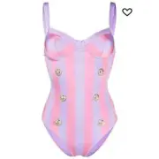 Balmain one piece swimsuit Double Breasted Lion head Button Stripped sz 8 US