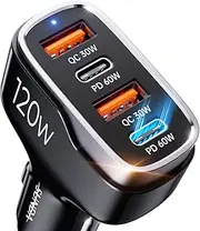 SUNDA 120W USB C Fast Car Charger, 4-Ports Car Charger Adapter, Dual Type C PD60W/PPS60W Compatible with iPhone15/14 Pro/Max/iPhone13/Galaxy/SamsungS23, Dual USB-A 30W QC3.0 for Android(Black)
