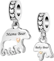 [MiniJewelry] 2Pcs Mama Baby Bear Dangle Charm Compatible with Pandora Charms Bracelets Women Strong Protective Mother Children Mothers Day, Copper Cubic Zirconia, Cubic Zirconia