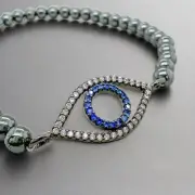 Stainless Steel Gunmetal Stretch 4mm Evil Eye Beaded Cubic Zirconia Bracelet