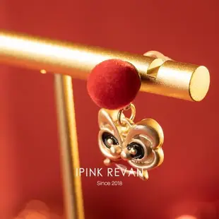 IPINK“千禧醒獅”紅色新年喜慶發財獅頭不對稱設計感耳釘耳夾