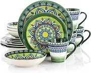 [Elama] Mandala Round Stoneware Multicolor Dinnerware Set, 16 Piece, Green
