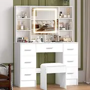 [Umeiga] Vanity Table, Large Makeup Vanity with Mirror and LED Lights, 7 Drawers 9 Cabinets Vanit Set with Soft Stool, Hollywod Vanity Table for Girls and Women