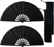 [Ourdort] Hand Fan Black Large 2 Pieces, Large Foldable Silk Hand Fan, Hand Fan, Foldable Fan, Black Fan, Rave, for Dance, Party, Wedding Gifts, DIY Decoration