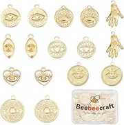 [Beebeecraft] 1 Box 16Pcs 8 Styles Evil Eye Charms 18K Gold Plated Stainless Steel Hamsa Hand Heart Flat Round Shape Dangle Charms for Earring Necklace Pendants Anklets Bracelet Jewelry Making Crafts