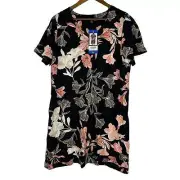Nicole Miller Black Linen Blend Tropical Print V-Neck A-Line Dress L Women's NEW