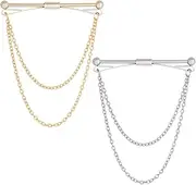 [GORGECRAFT] 2 Colors Mens Shirt Collar Pins Necktie Tie Cravat Pin Clips With Chain Lapel Pin Collar Bar Tassel Brooch Gold Silver Tone for Men Classic Collar Clip Men's Business Wedding Gift