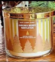 Bath &Body Works Goldenberry Mistletoe 3 Wick Candle white Barn FREE Shipping