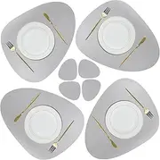 Olrla PU Leather Placemat and Coaster Set of 4, Place Mats Non-slip Wipeable Waterproof for Indoor Kitchen Dining Table Restaurant Party Outdoor BBQ(Light Grey)