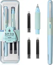 WRITECH Soft Grip Fountain Pen: Black Ink Fine Nib Pen with 1 Replacement Nib Set and 3 Ink Cartridges Smooth Writing for Calligraphy Journaling Gift (Blue)