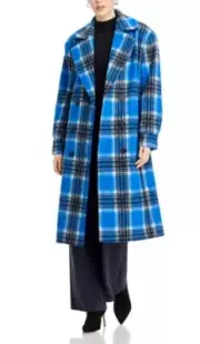 AQUA Plaid Duster Trench Coat Large Blue Combo Belted Side Pocket NWT $178MSRP