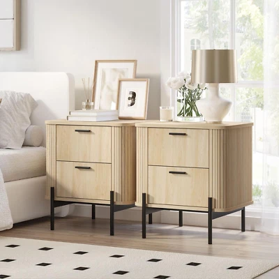 Modern 2-Drawer Bedside Table Set, 50 X 40 X 55 Cm, Fluted Panel Design, White
