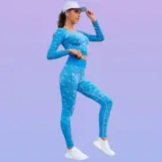 Longsleeve Workout Top & Pants Set in Light Blue Speckle, Size M