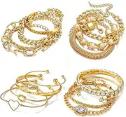 [KISS WIFE] 15 Pcs 14K Plated Gold Bracelets Set for Women, Multiple Layered Stackable Open Cuff Bangle, Adjustable Cuban Link Chain Tennis Bracelet Pack, Dainty Classic Aesthetic Jewelry, 8.27 inches, Alloy,