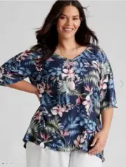 Autograph Top Plus Size 26 Tunic Shirt Blouse Elbow Sleeve Navy Floral RP$90 NEW