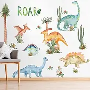 Yovkky Watercolor Dinosaur Nursery Wall Decals, Large Peel and Stick Dino Tropical Plant Stickers Cactus Palm Leaf Decor, Home Kitchen Decorations Boy Girl Kid Baby Toddler Bedroom Playroom Art Gift