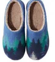 L.L. Bean Daybreak Scuff Women Sz 6 M Blue Wool Aurora Trees Motif Slipper Clogs